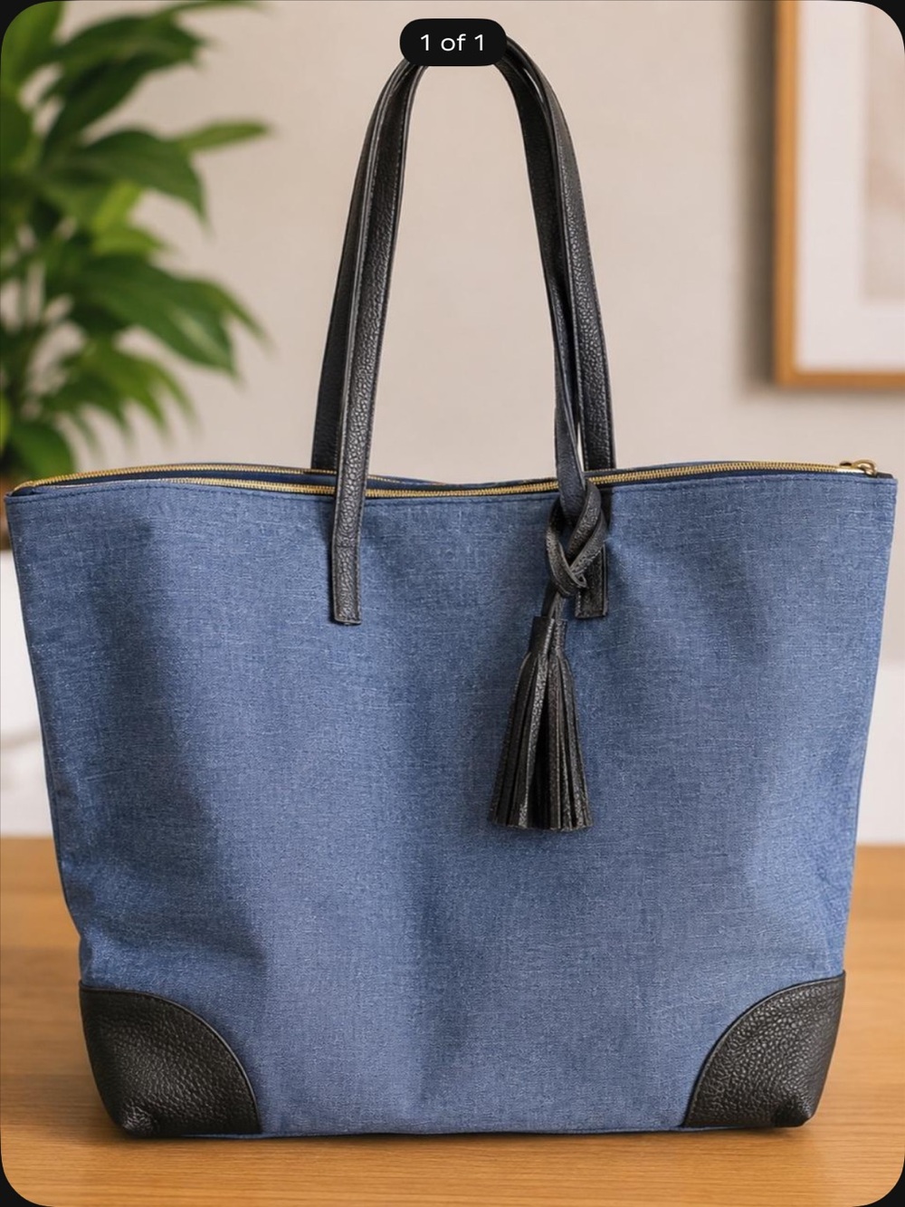 Victoria's Secret Blue Canvas Tote with Black Trim and Tassel